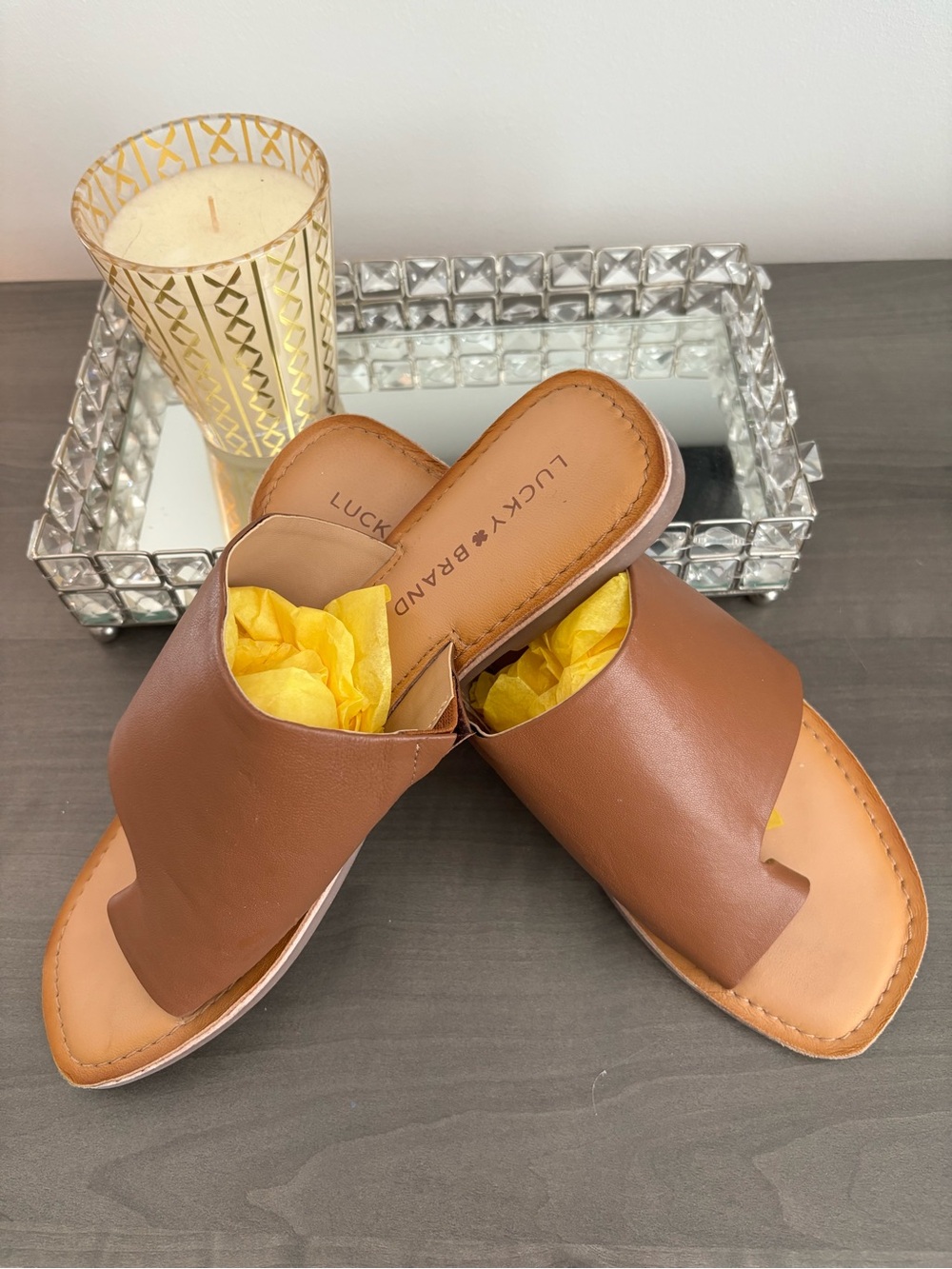 Lucky Brand Brown Leather Slide Sandals | Minimalist Flat Mules Size 8.5 - Picture 5 of 10